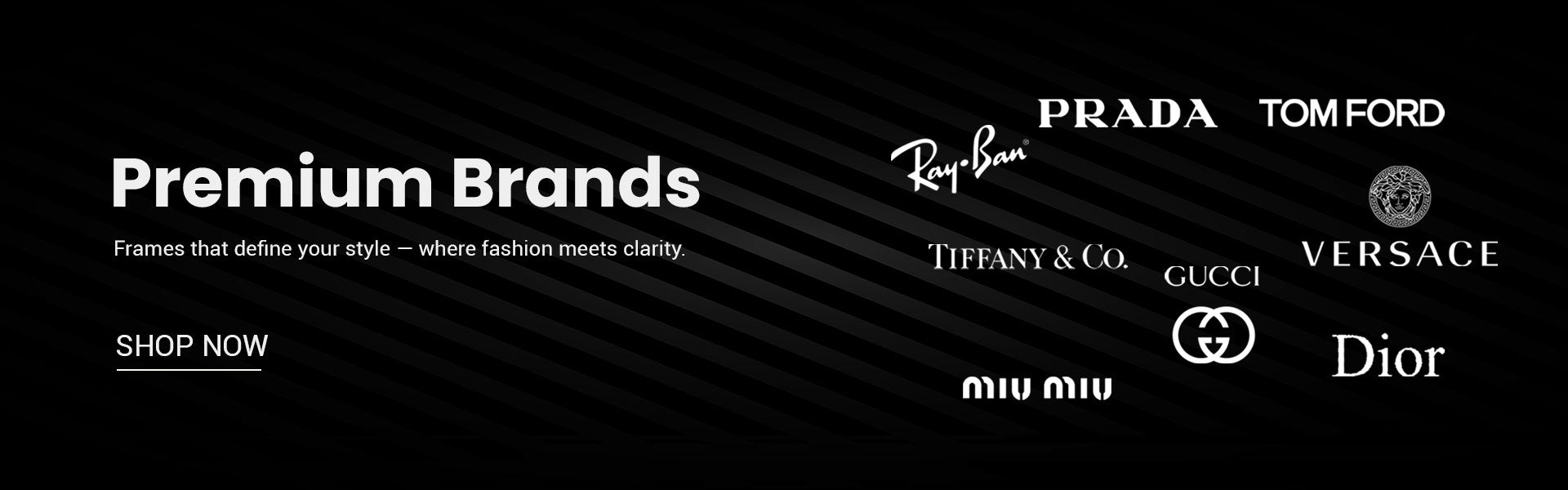 Promotional banner featuring premium brand logos on a black background with text.